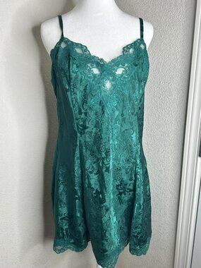 Victoria's Secret Chemise Womens L Green Floral Satin Lace Nightgown Sleepwear